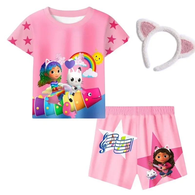 Gabby's Dollhouse Kids Summer Gabby Cats Girls Sets Top Shorts 2PCS Children Baby Cloths T-shirt Shorts Toddler Suit headwear