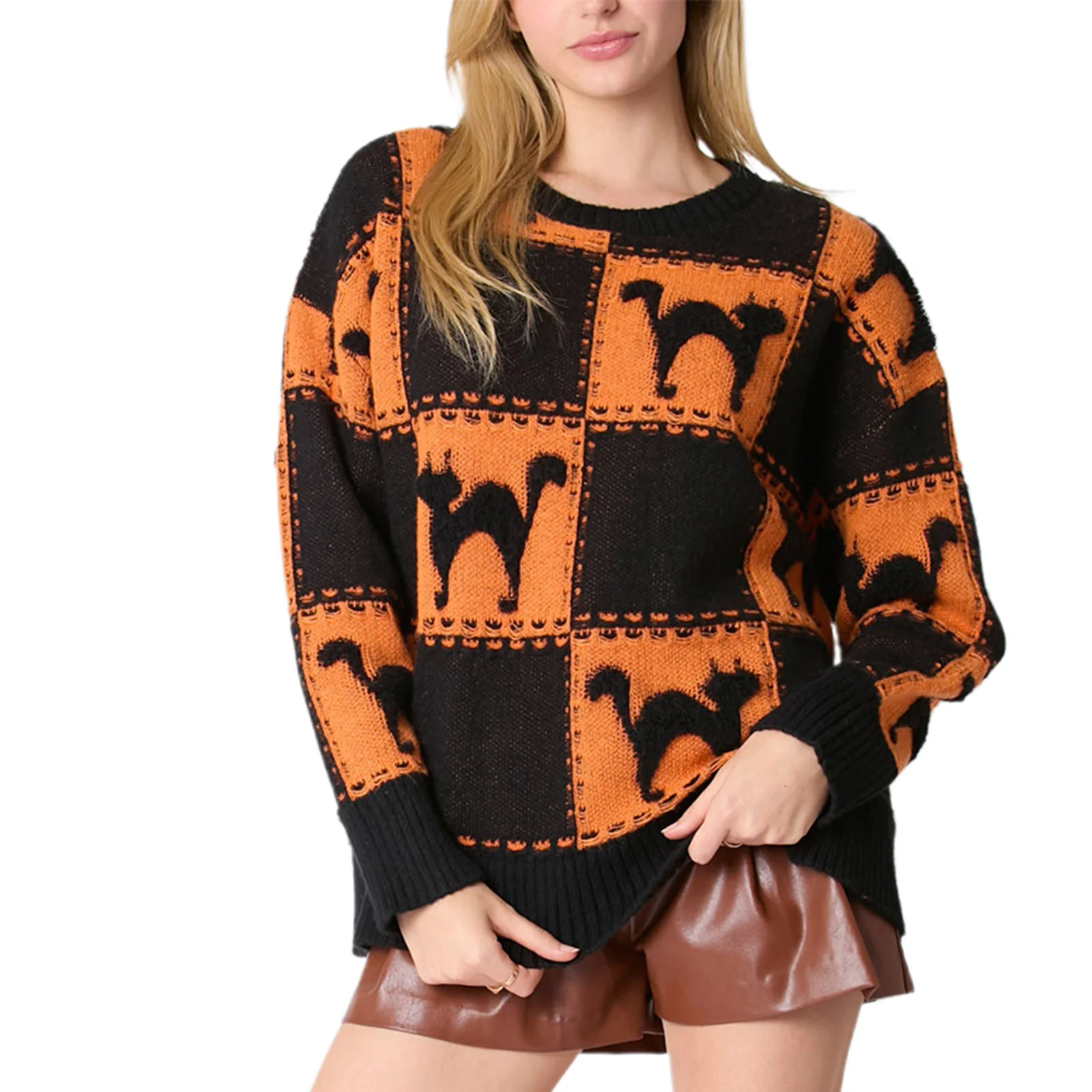 Women's Ghost Crew Neck Long Sleeve Pullover Knit Sweaters Tops Casual Streetwear Halloween Checkered Sweater Loose Jumpers