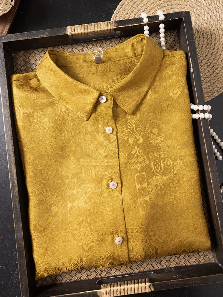 2025 المرأة الخريف 100% التوت الطبيعي الحرير الجاكار الساتان موضة كلاسيكية الأصفر بدوره إلى أسفل طوق كم طويل مكتب قميص #2