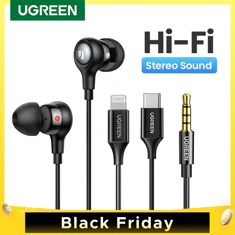 UGREEN Aux Earbuds Earphones, 3.5mm USB Type C Wired Headphones Noise Isolating Volume Control Microphone For Android MP3/MP4