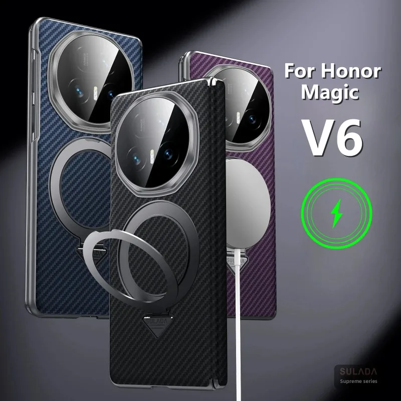 

Business Carbon Fiber Texture Leather Case for Honor Magic V6 V5 for Magsafe Magnetic Kickstand Central Axis Hinge Protect Cover