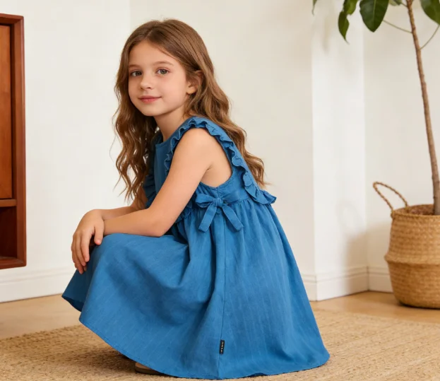 

Children's Clothing Girls' Sleeveless Dress Summer New Style Lace Blue Vest Solid Color Kids Cute Skirt