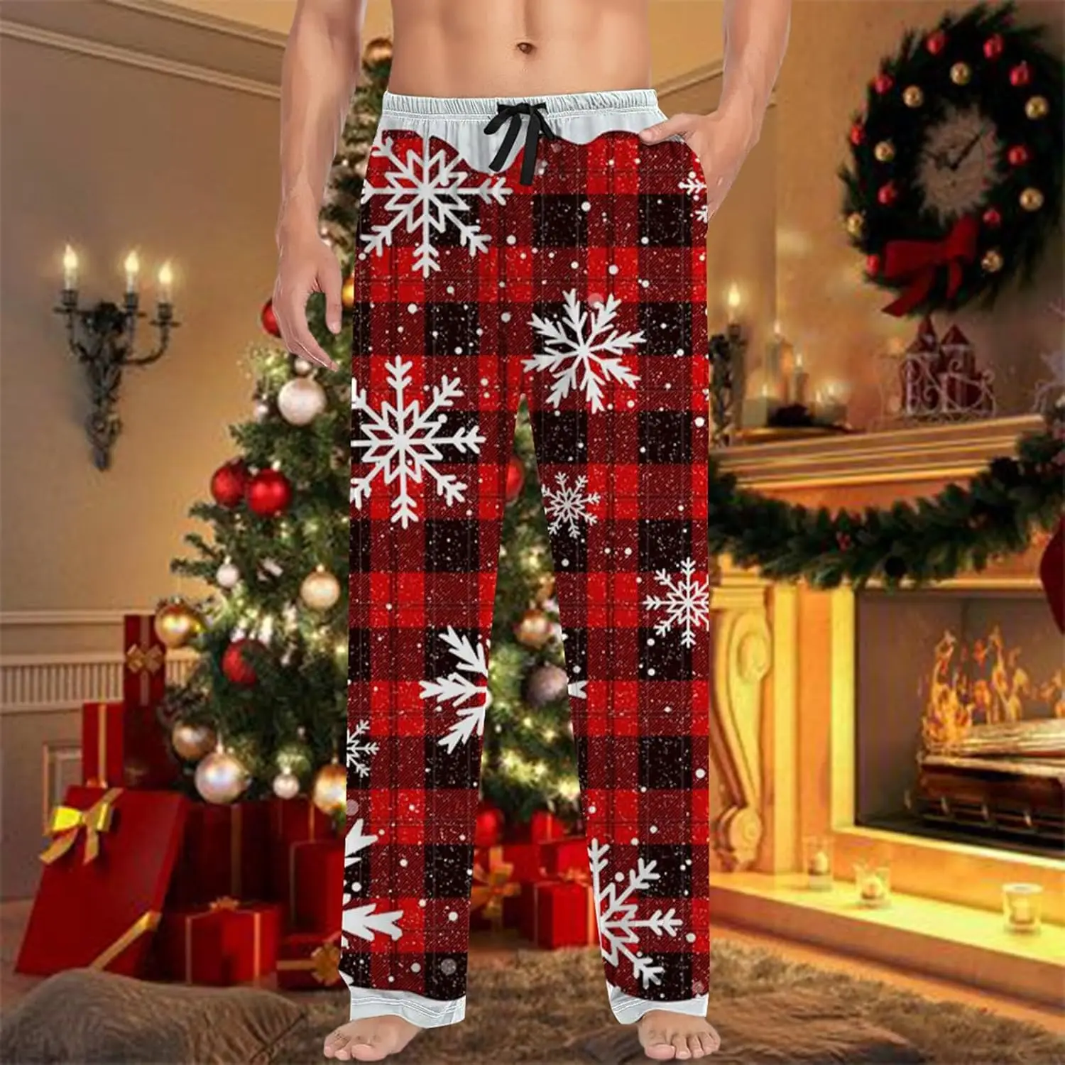Mens Christmas Pajama Pants Funny Christmas Pj Pants with Pockets Loose Fit Xmas Print Lounge Pj Bottoms for Couples