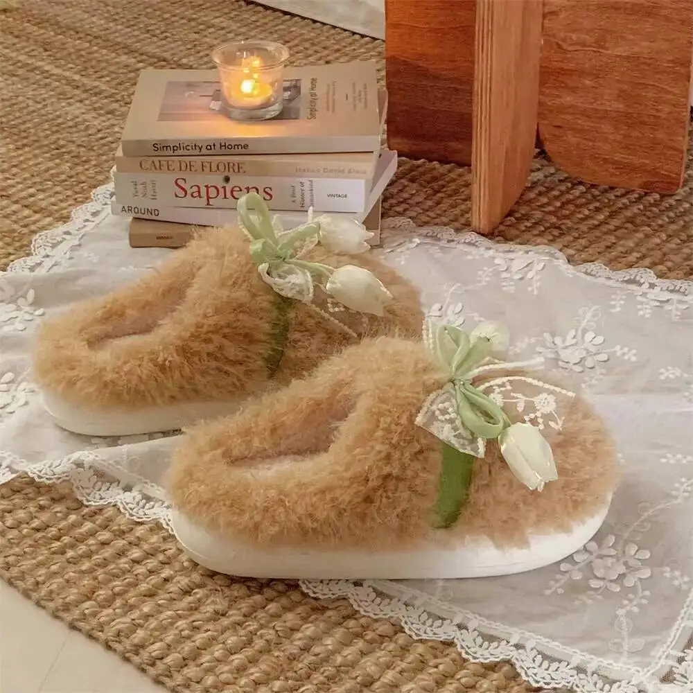 

Winter Women's Ins Home Slippers French Tulip Lace Furry Design Comfortable Warm Indoor Cotton Household Slippers