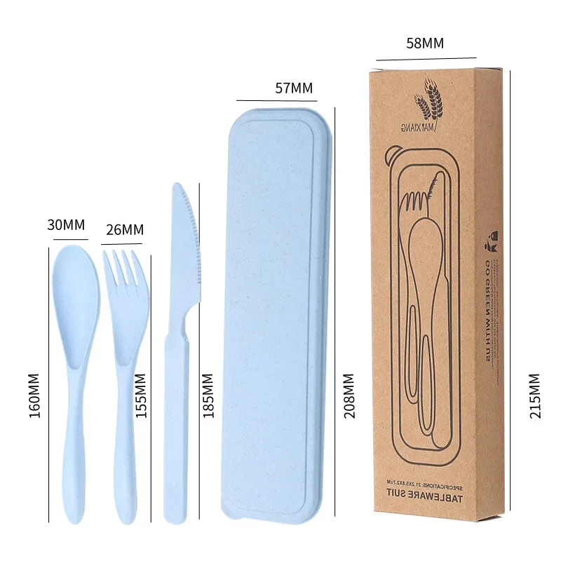 Wheat Straw Cutlery Set with Box, Spoon, Fork, Knife, Portable, Travel, Lunch,    3Pcs