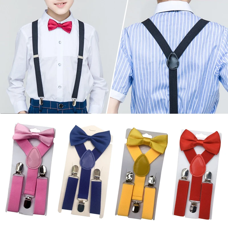 Children Suspenders Bow Tie Set Jeans Polyester Colorful Solid Y-Back Braces Butterfly Adjustable Bow Tie for Boys Suspenders