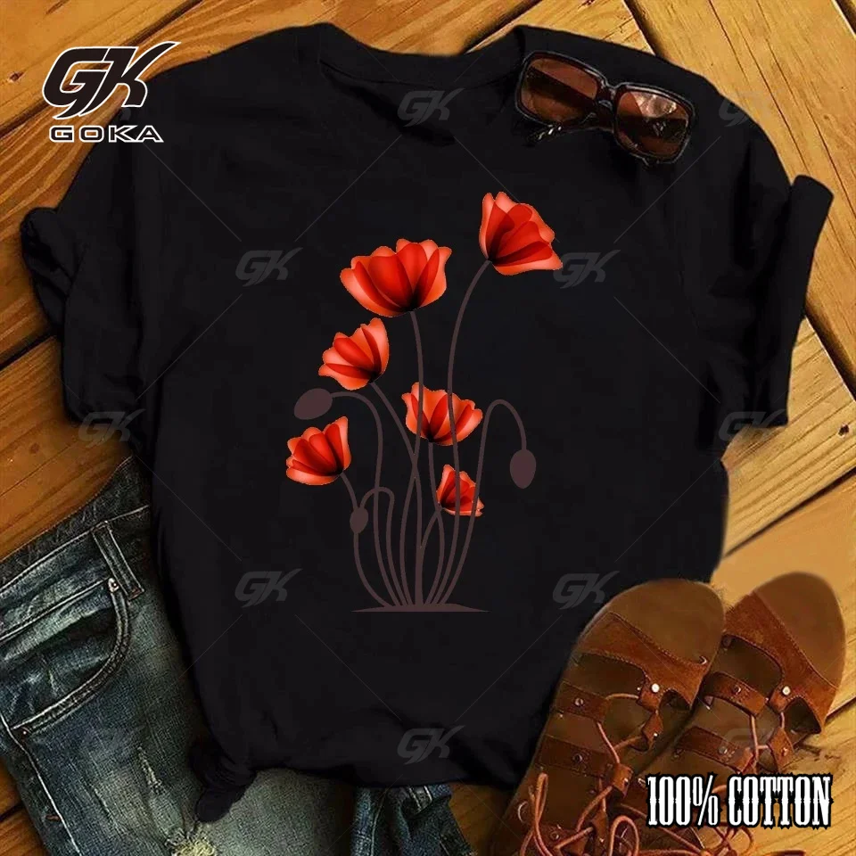 Fashion Red Poppy Women Cotton T Shirt Beauty Flower Print Black Top Tee Female Short Sleeve Tshirt Harajuku Floral Girl T-shirt