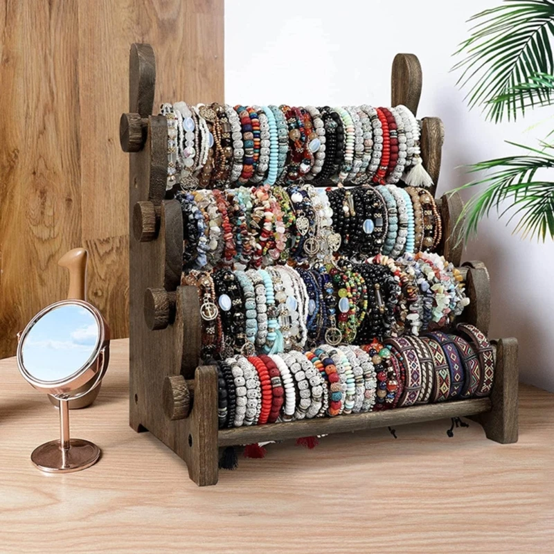 4 Tiers Wooden Bracelet Holder Removable Bangle Watch Necklace Display Stand Desktop Vintage Jewelry Holder