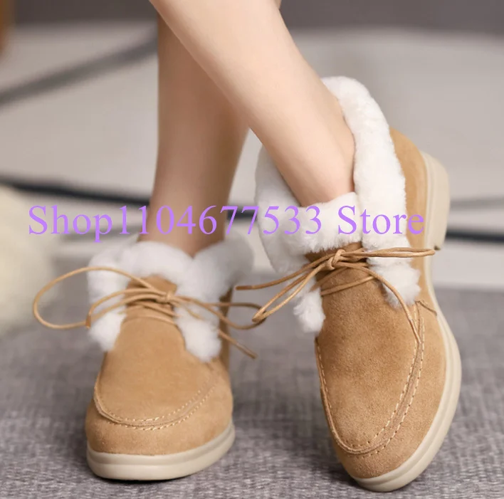 

New Lace-up Woman Flat Snow Boots Fashion Fur Decor Lady Winter Ankle Boots Female Warm Casual Shoes