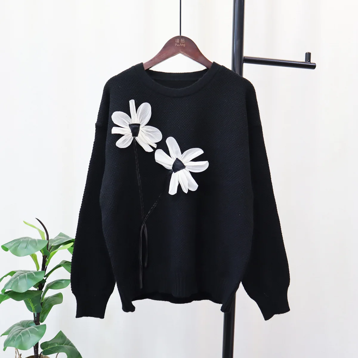 Dophee Patch Flowers Women Knitted Shirts New Autumn Winter All-match Loose Pullover Top O-neck Stripes Long Sleeve Sweaters