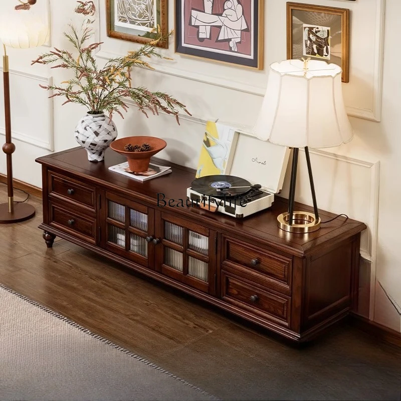 

American all-solid wood TV cabinet, living room home retro red oak four-pump storage cabinet