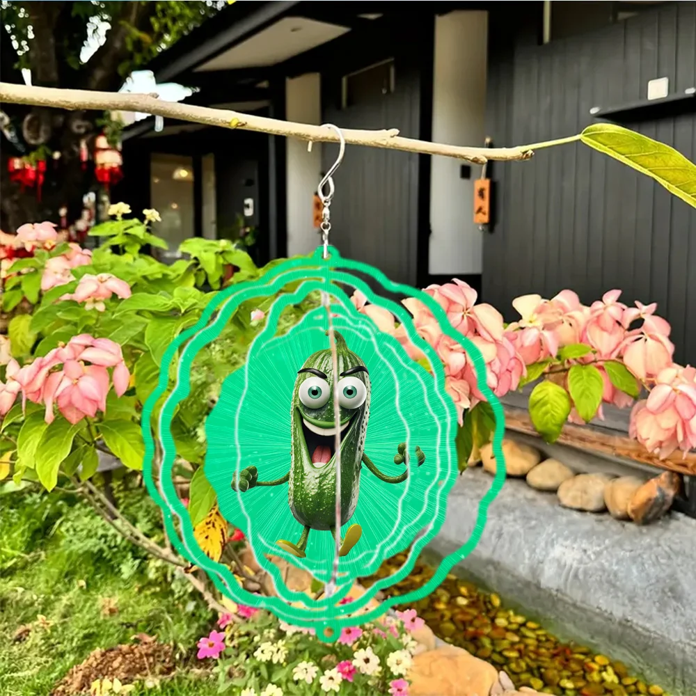 1pc Happy Cucumber Wind Chime with 360° Infinite Rotation Hook, Metal 3D Spinning Garden Decor for Yard and Patio Decoration