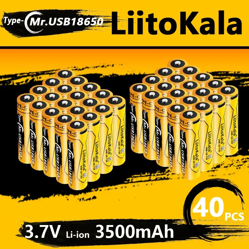 40pcs LiitoKala Type-C 18650 3500MAH 3.7V Li-ion Battery for Flashlight Toys Drones Power Tools Power Balancer Portable Fan