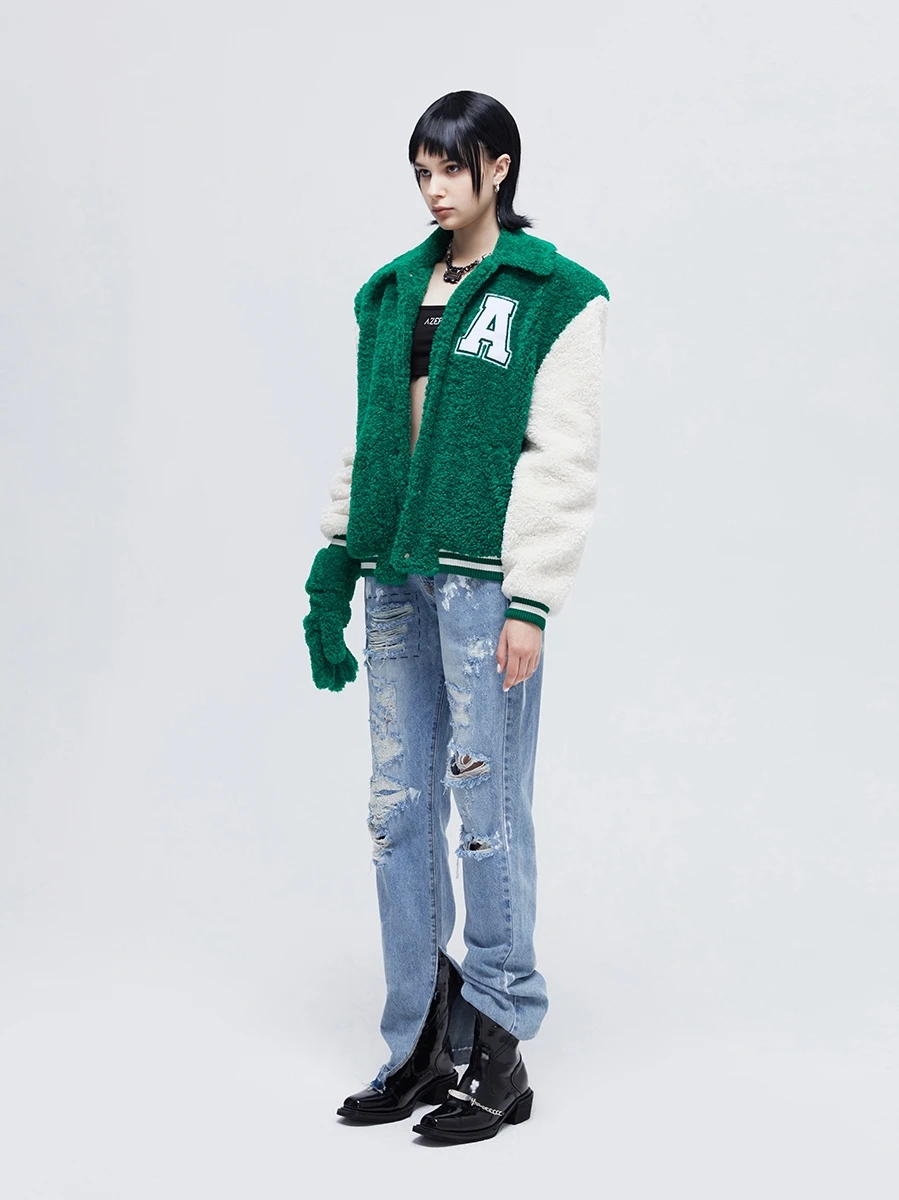 Loose Azepam Lamb Velvet Baseball Jaet Color Blo Design Original Design Long Sve Winter Outerwear Women's Faion