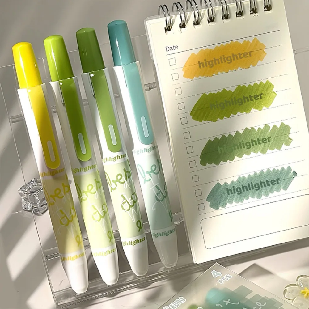 4pcs New Gradient Color Highlighter Press-Type Chisel Tip Highlighter Pen Fluorescent Pen DIY Journaling