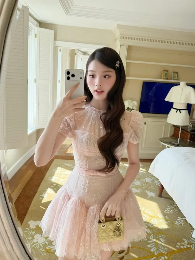 

Pink Sweet Style Lace Bubble Sleeve Dress Women's High Waist Slimming Puffy Skirt Short Sleeve round Neck Date Daily Party