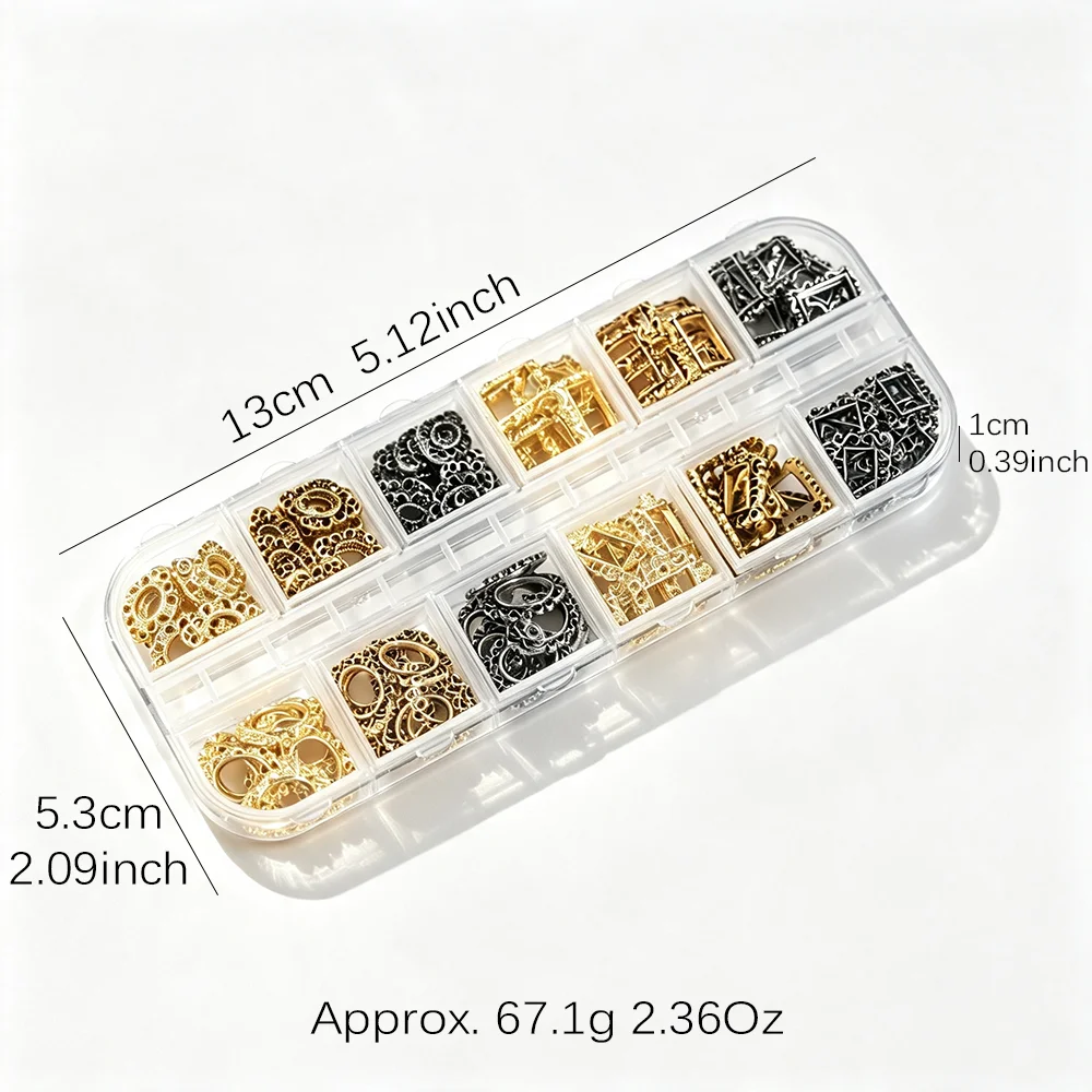 12-Fächer 3D Vintage Metallrahmen Nagelcharms Retro Punk Gold Schwarz Silber Fotorahmen Nagelsteine Legierung Hohlrahmen Nageldekoration – Detail 9