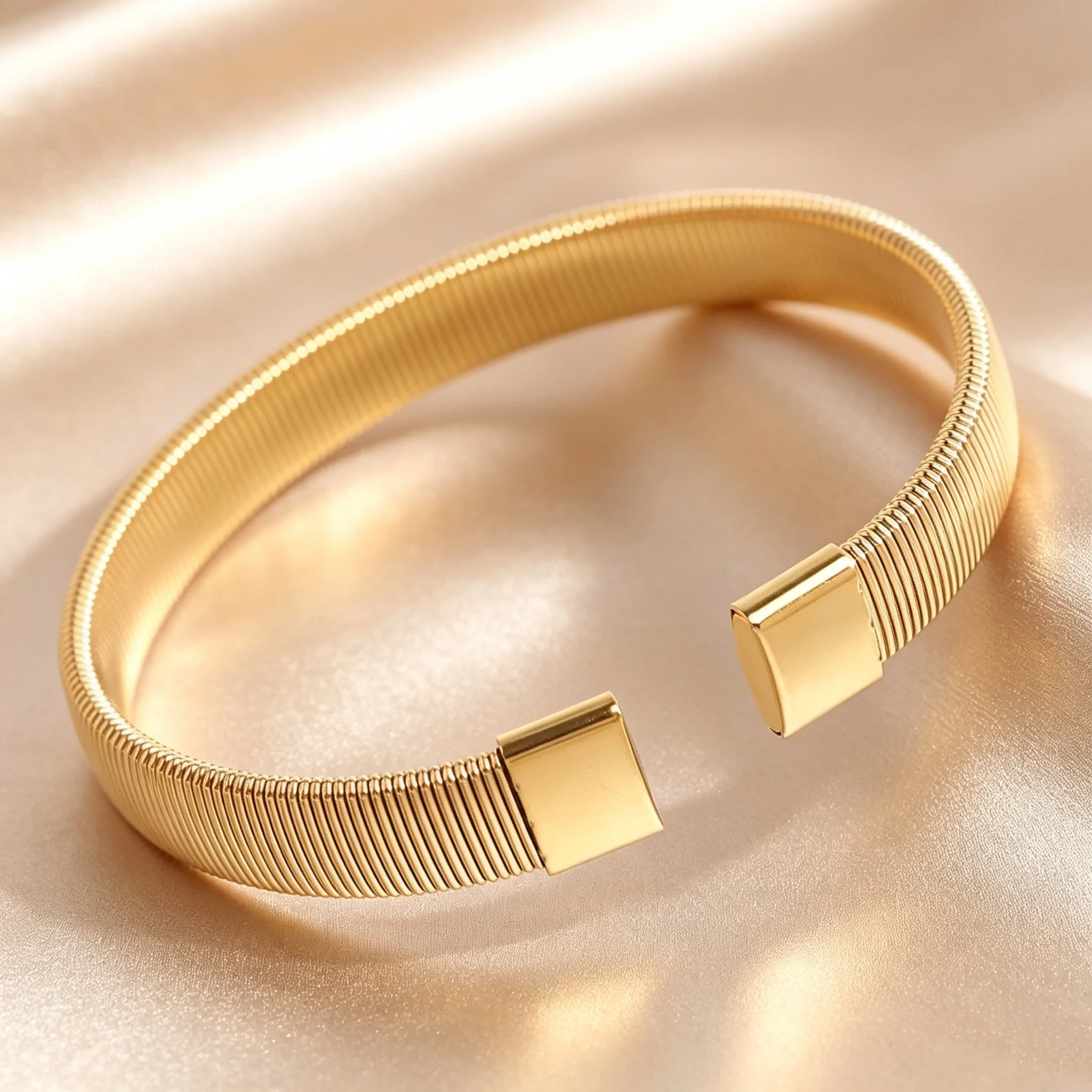Fashion Textured Striped Open Cuff Bangle For Women Stainless Steel Multi‑Tone C‑Shape Hand Bracelet