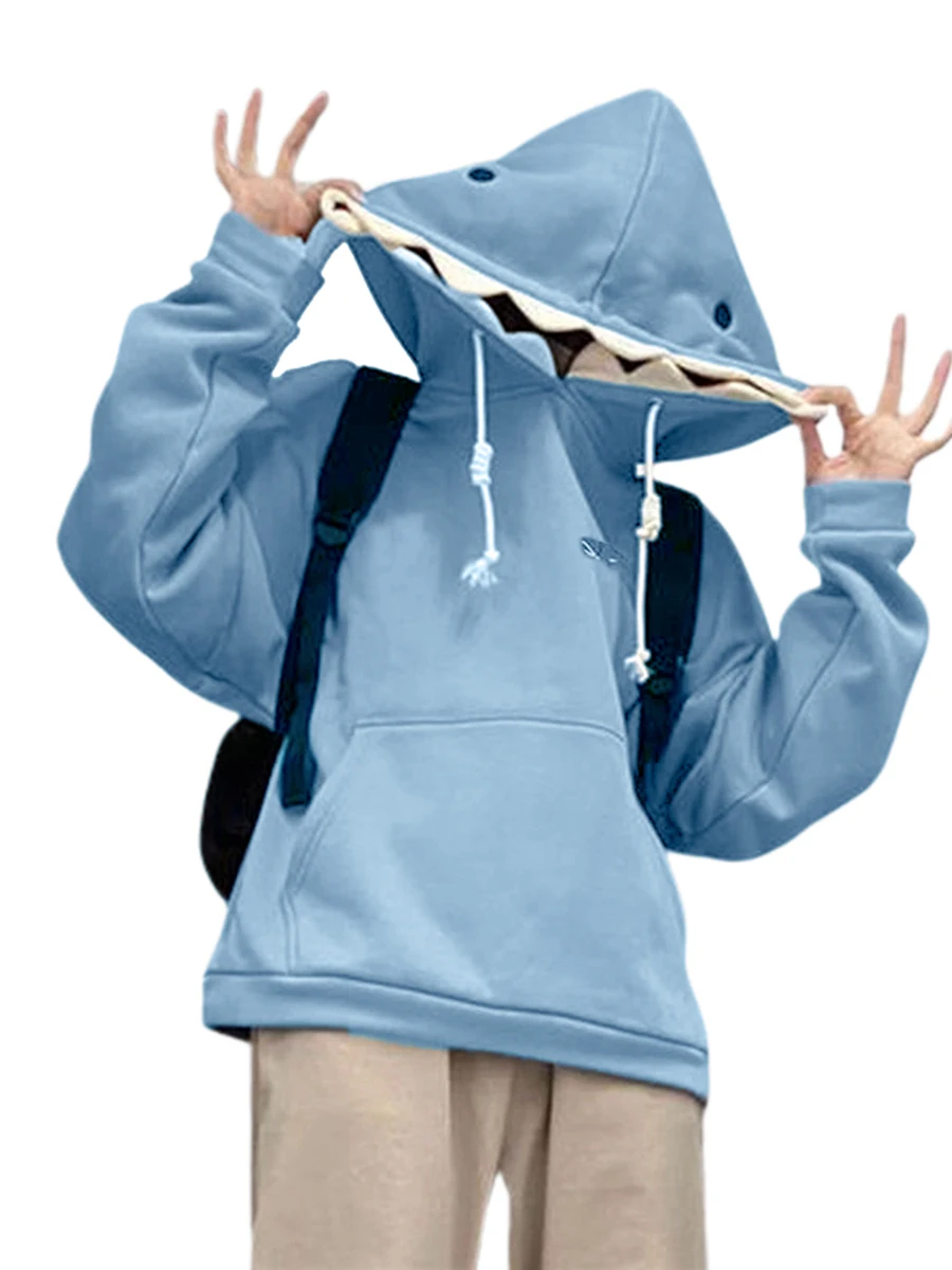 Women Cute Shark Hoodie Long Sleeve Blue Kawaii Animal Shark Shape Hooded Pullover Oversized Aesthetic Sweatshirts for Teen