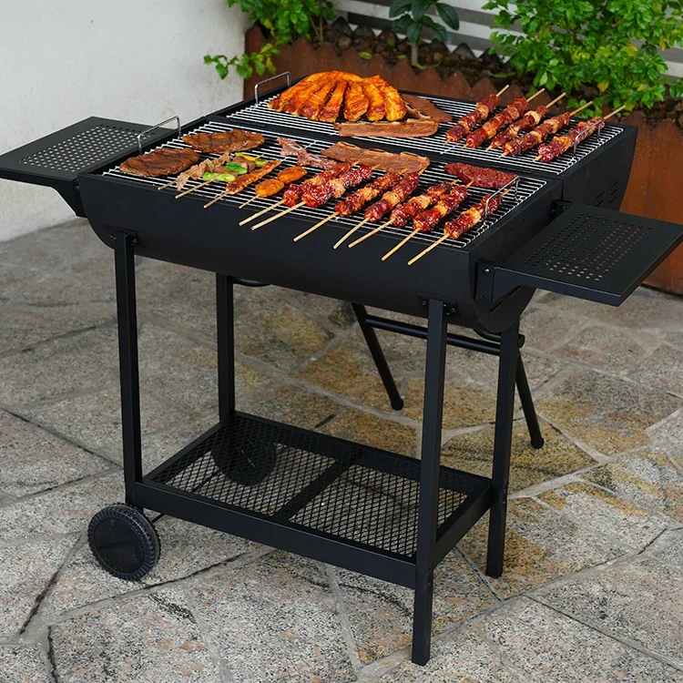 Heavy Duty Double Cooking Area Smoker BBQ Barrel Grill Outdoor Party Charcoal BBQ Grill with Wheels