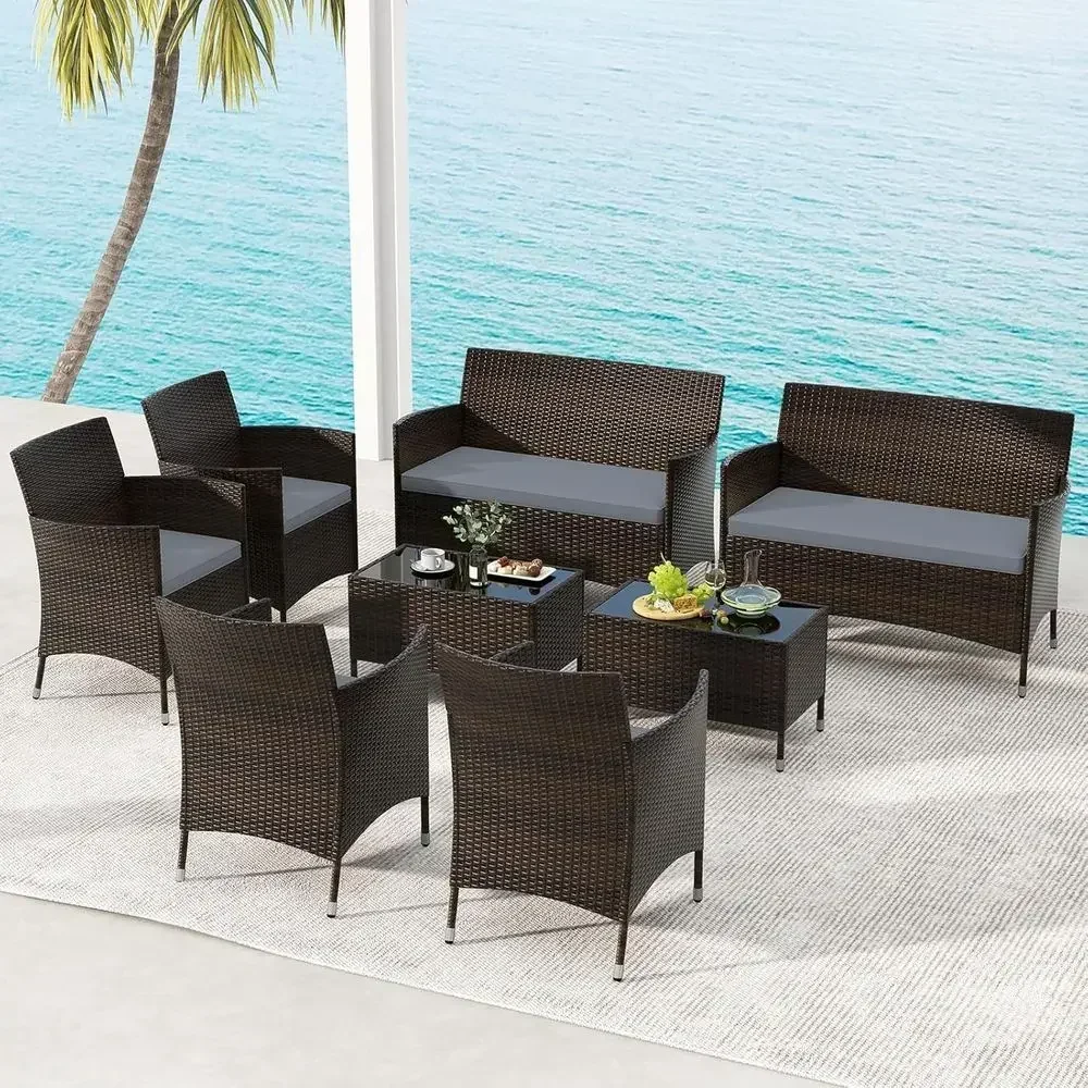 8-Piece Outdoor Wicker Patio Furniture Set with Tempered Glass Coffee Table and Thick Cushions for Backyard, Poolside, Porch (Gr