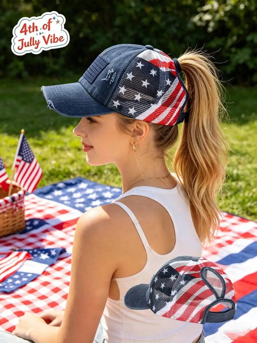 

American Flag Patriotic Ponytail Trucker Hat Women Vintage Distressed Baseball Cap Mesh Back Sunshade