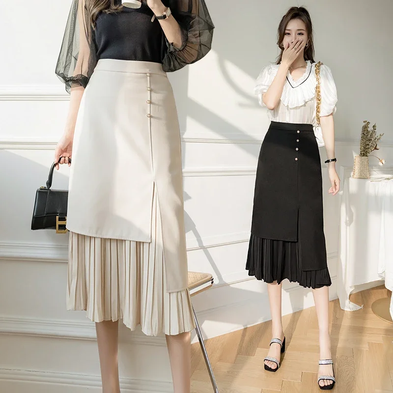 

2024 Spring New Korean Lady Pleated Skirt High-Waisted Irregular Midi Length Fashion Patchwork Black Apricot Skirts B48