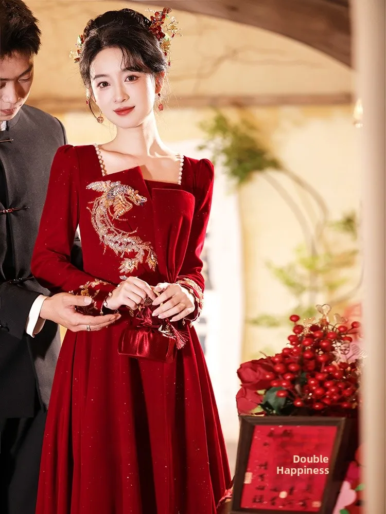 

Красное свадебное платье с длинными рукавами в новом китайском стиле, женское вечернее платье для торжественных мероприятий и свадебных церемоний