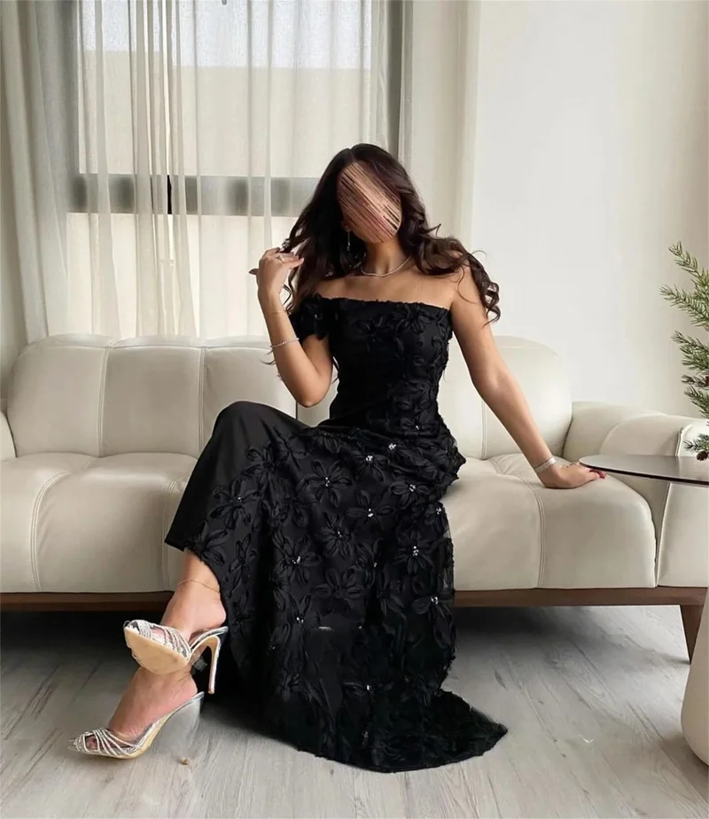 2024 Evening Woman Gala Prom Black Off the Shoulders 3D Flowers Elegant Plus Size Party Dresses for Special Occasions