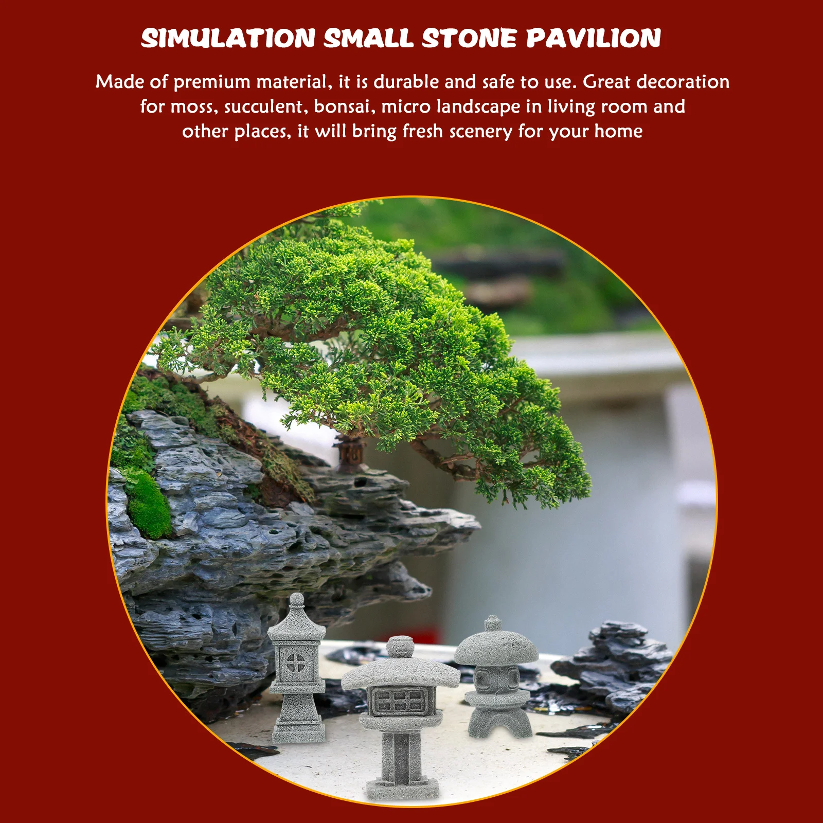 3 szt. Kamienny Pawilon Statua Ornament Krajobrazowy Premium Miniaturowy Dekoracja Ogrodowa do Bonsai Mikro Krajobrazu na Zewnątrz Dom Biurko