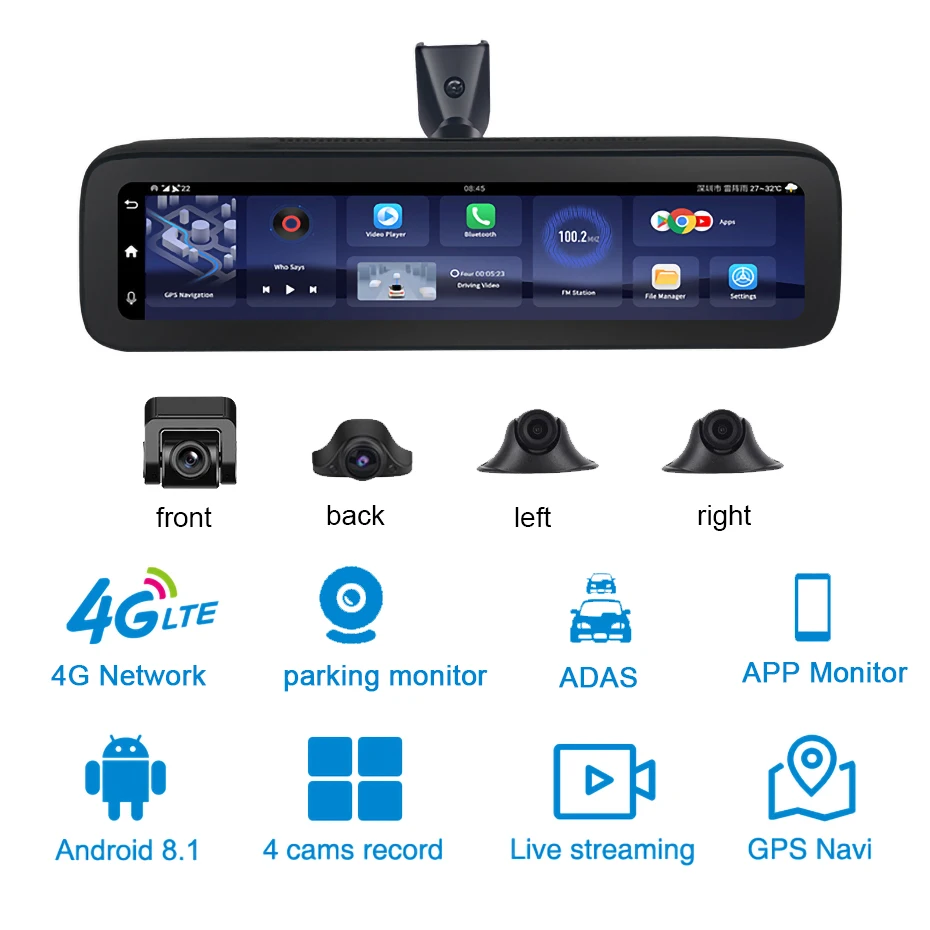 12 Inch ADAS 4 Cameras 4G Android 8.1Car Mirror DVR 4 Channel Lens Auto Recorder Night Vision Bluetooth WiFi Parking monitoring