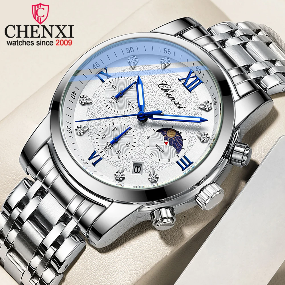 

CHENXI модные новые часы мужские роскошные кварцевые наручные часы из нержавеющей стали мужские водонепроницаемые спортивные часы с функцией фазы Луны