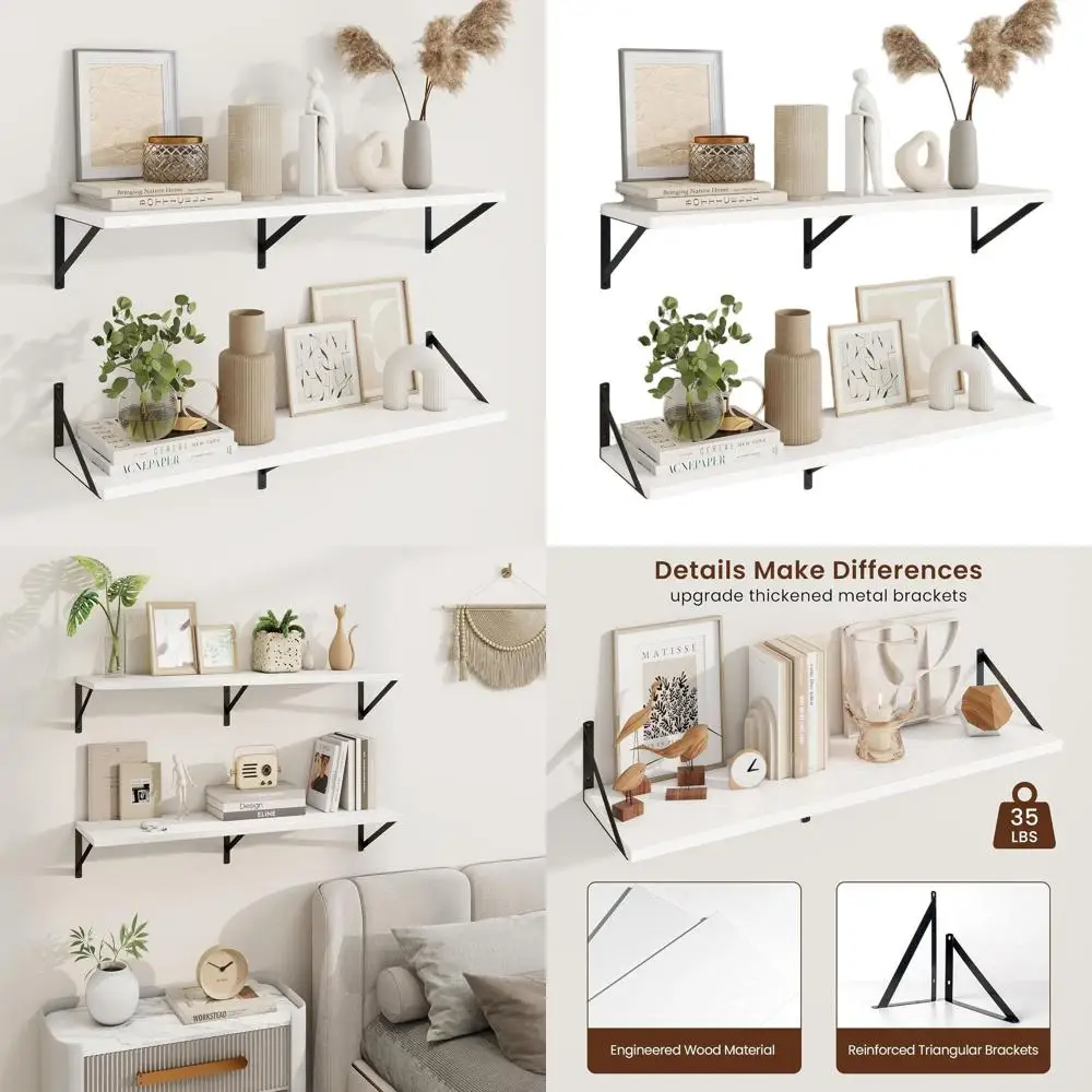 

Pair of 36 Wide x 10 Deep White Floating Wall Shelves for Home Decor