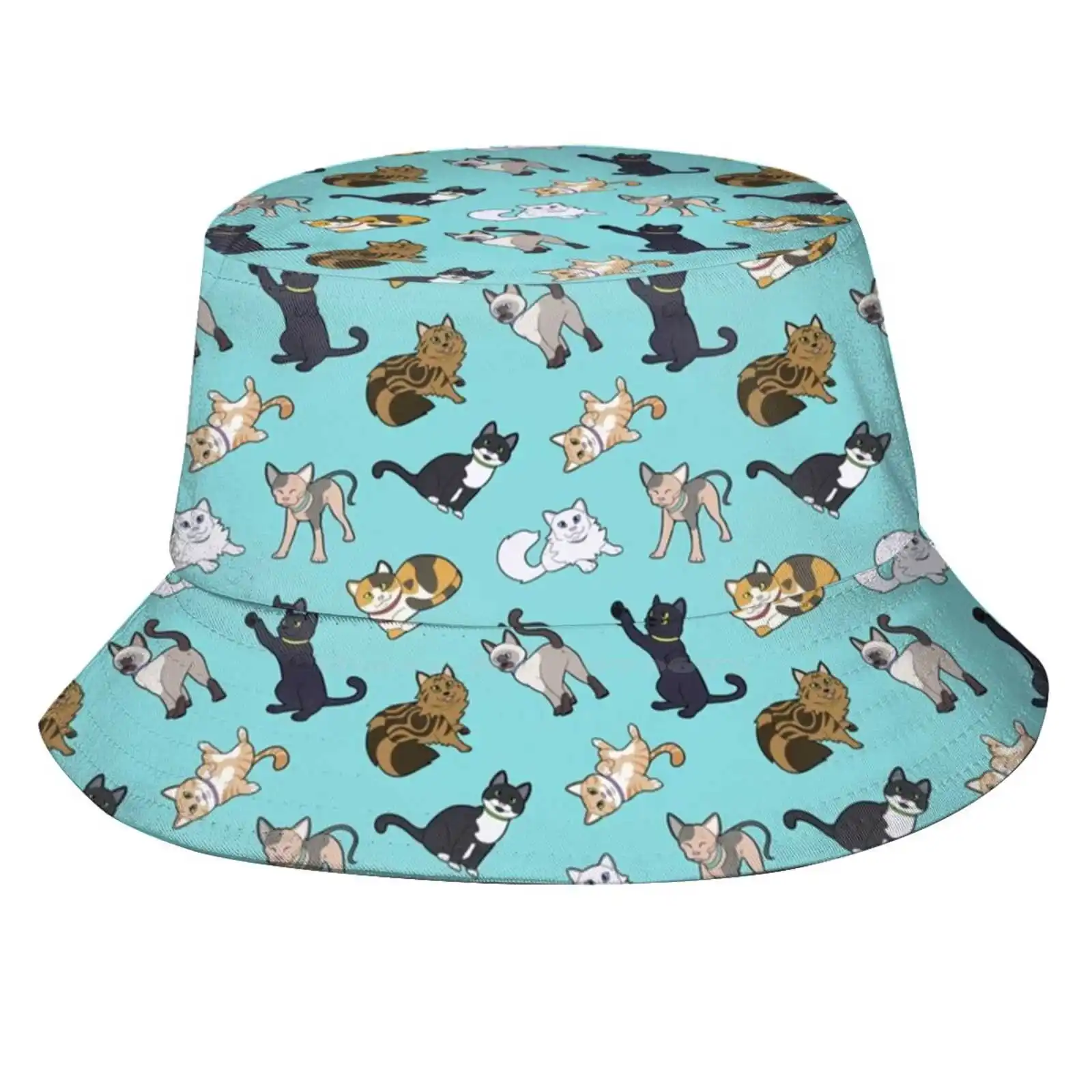 Cat Pattern - Teal Sun Cap Fisherman Hat Bucket Hats Cats Kittens Siamese Cat Black Cat Sphynx Cat Tuxedo Cat Tabby Cat Brown