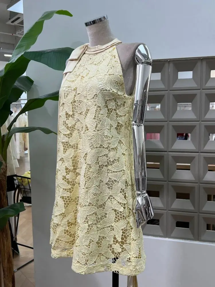 Franse elegante chique mode Boheemse strik uitgesneden opengewerkte kant A-lijn damesjurken ontwerp zomer nieuwe feestclub avondjurk