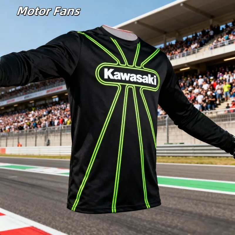 

Moto Fans awasaki Long - Sleeve Racing Shirts, with eye - catching green stripes on black, perfect for motorcycle racing fans.