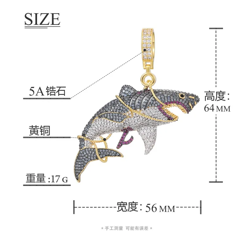 Hip Hop 5A CZ Stone Paved Bling Iced Out Tied Shark Animal Pendants Necklace for Men Rapper Jewelry Gift