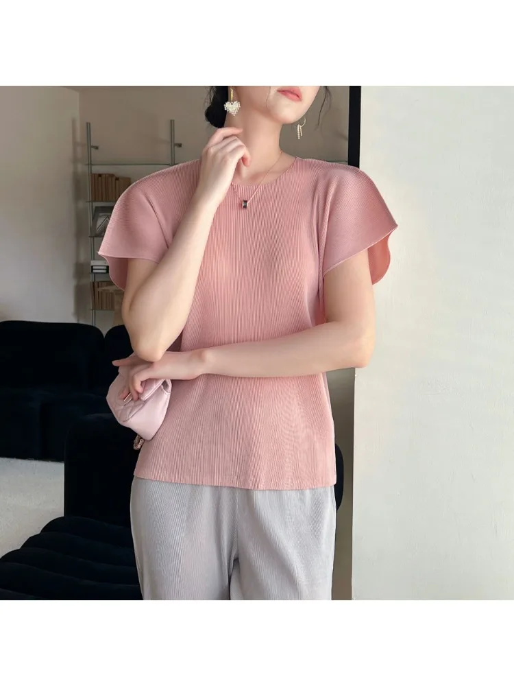 

Miyake Pleated T-shirt Basic Style Solid Color Versatile Casual Round Neck Top Women's Versatile Simple Short Sleeved Shirt