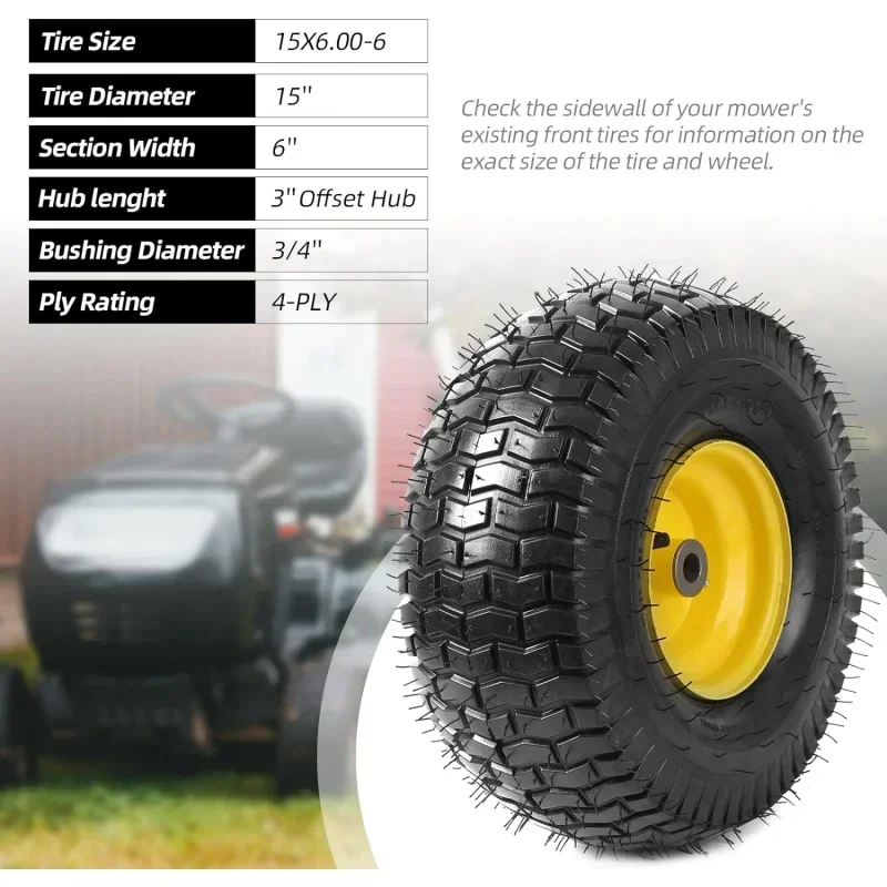 (2) 15 x 6.00-6 Tire and Wheel - Replacement 4Ply Lawnmower Tires with Rim Assemblies, with 3 Offset Hub and 3/4 Bushings