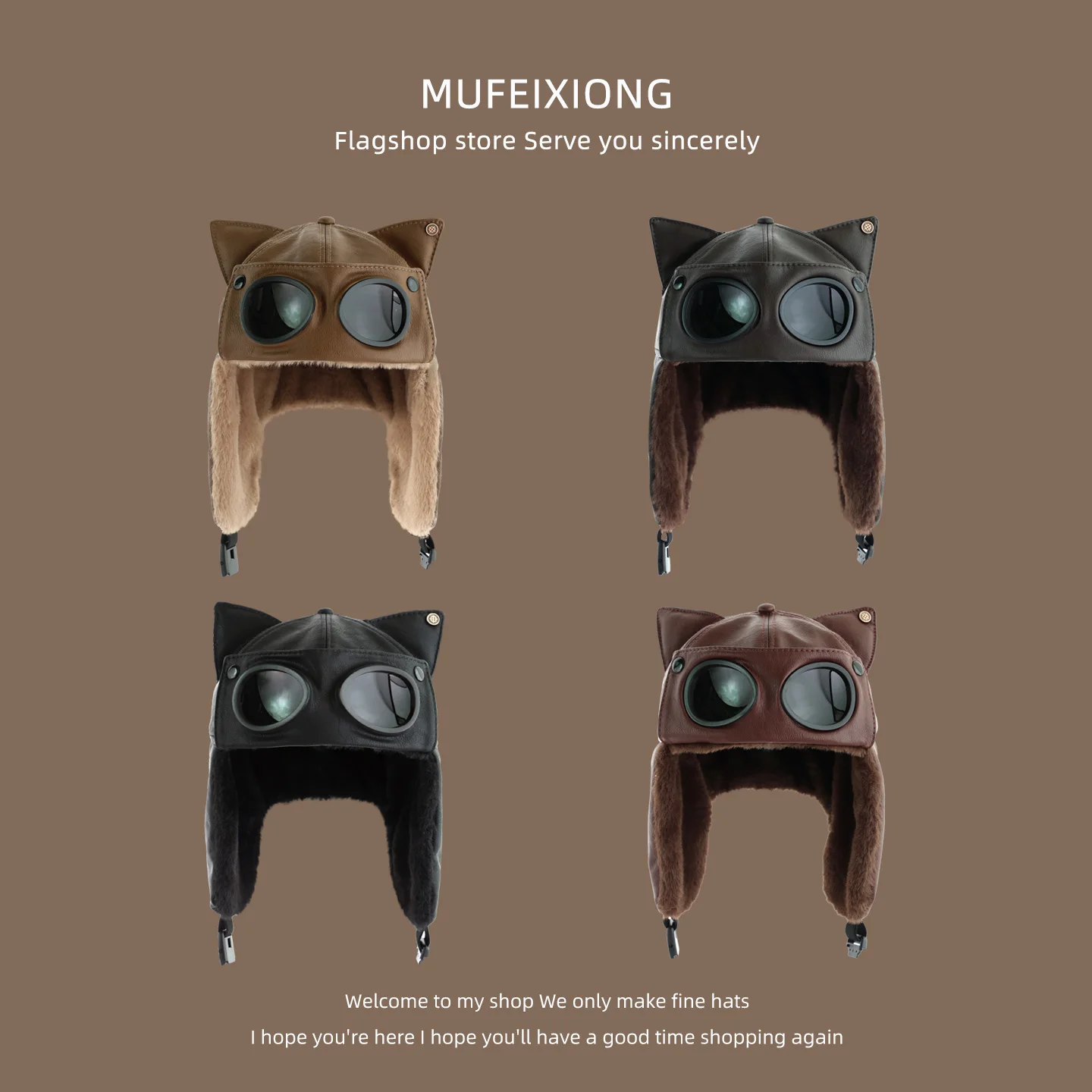Winter Cute Cat Ears Children's Bomber Hat Boys and Girls PU Leather with Glasses Skiing Cold Ear Protection Warm Ski Bomber Hat