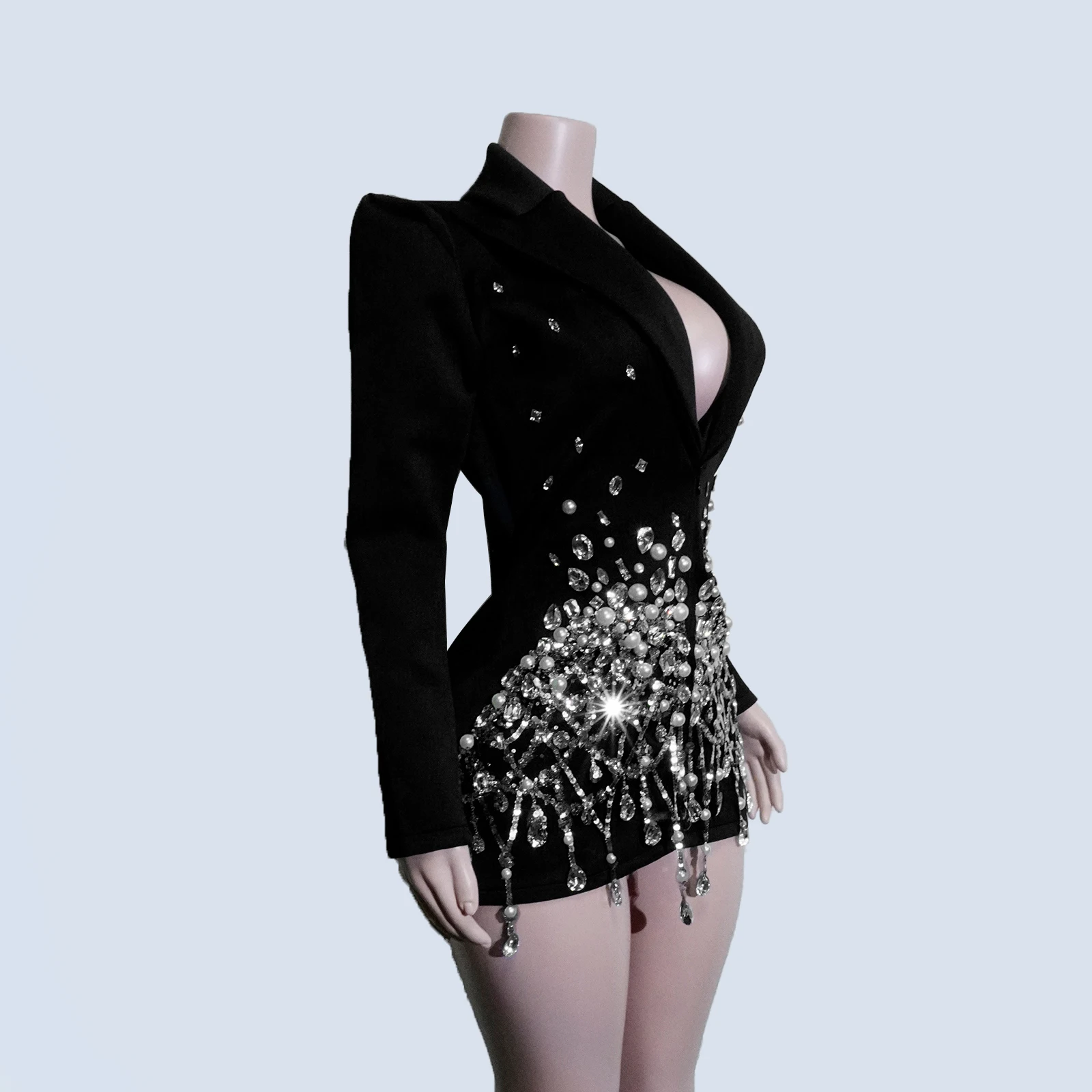 ショーガールコスチューム スパークルクリスタル フルブラックドレス 長袖 パフォーマンス ドラッグクイーン イブニングパーティー ショー衣装 ゴーゴーダンサー DJ