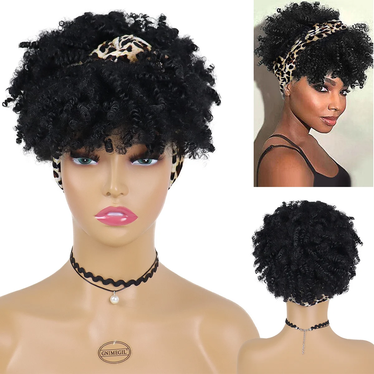 

14 Inch Synthetic Hair Women's Short Afro Curly Headband Wig Pure Black with Leopard Print Turban for Daily Party Cosplay Wear