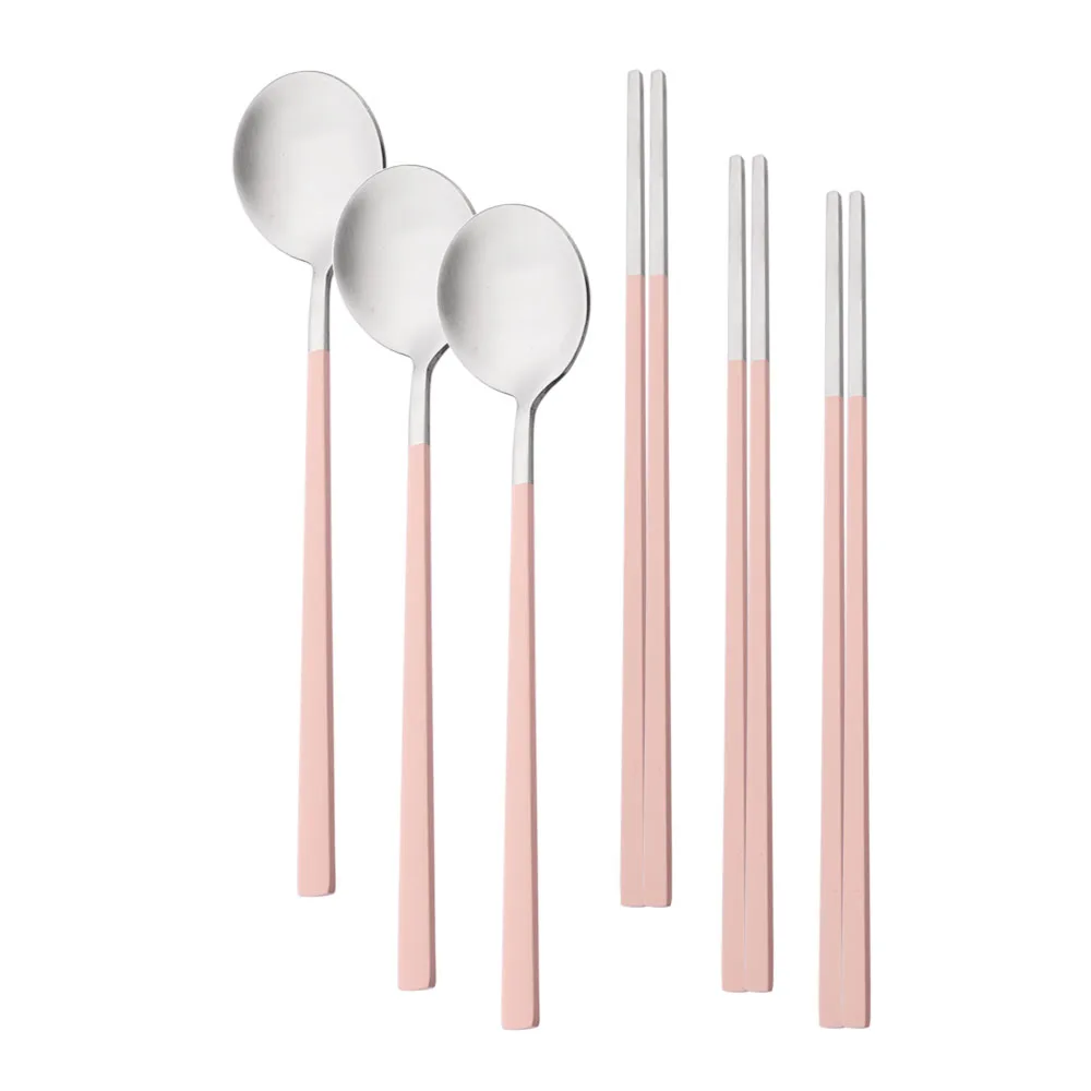 6Pcs Pink Silver Flatware Set Kitchen Matte Dinnerware Set Stainless Steel Cutlery Set Korean Spoons Chopsticks Tableware Set