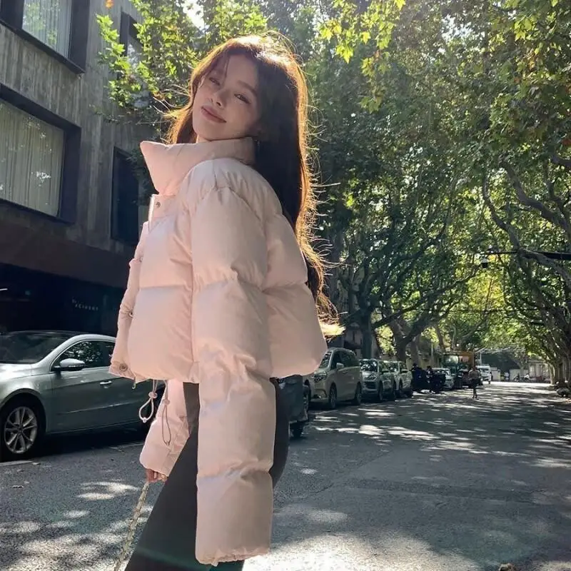 

pink short style cotton-padded jacket Women's autumn winter stand collar fashion keep warm thicken puffer jacket coat solid top