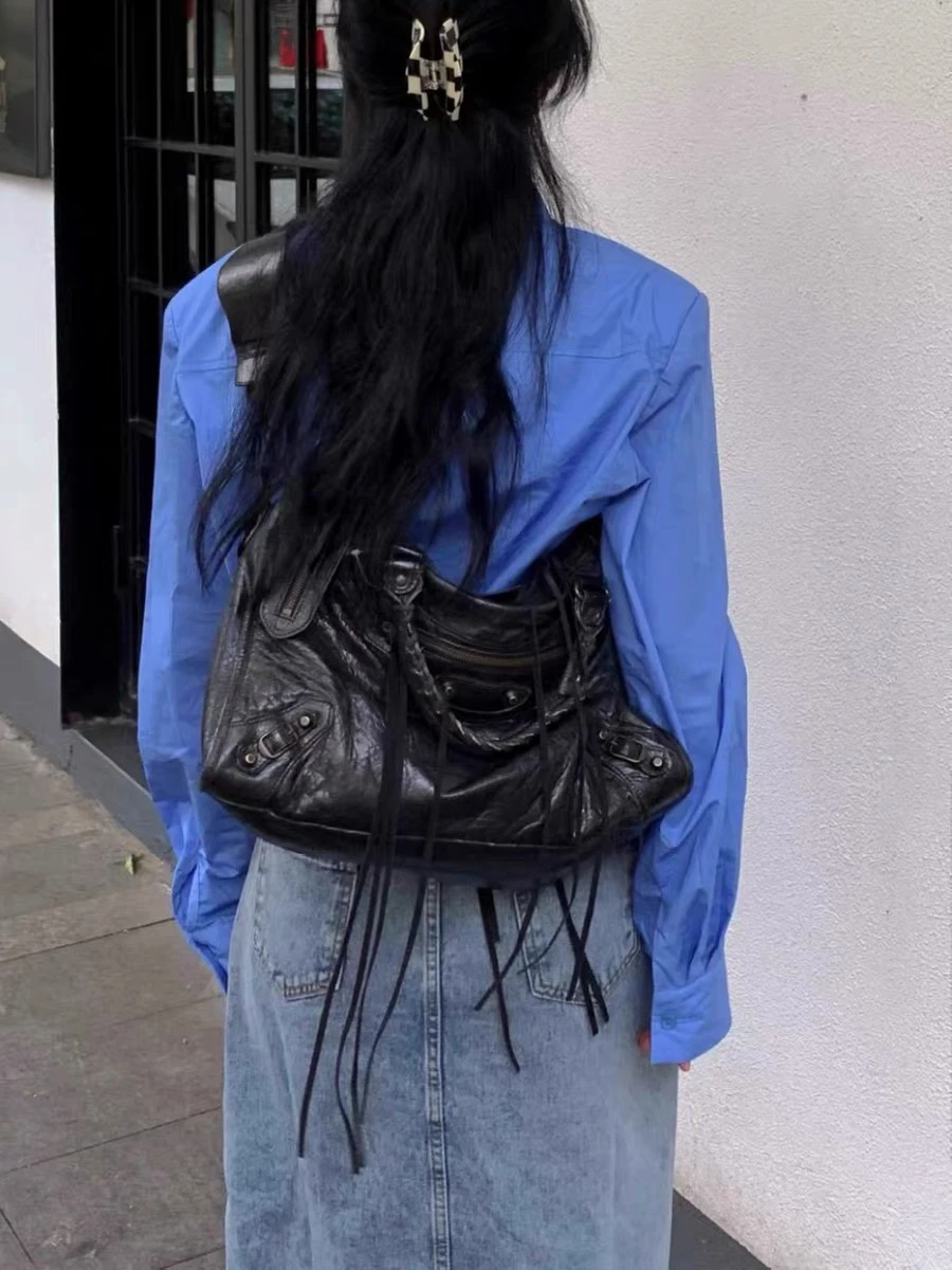 

Кожаная сумка Y2K в стиле ретро для женщин: большая вместительная мотоциклетная сумка через плечо/кроссбоди