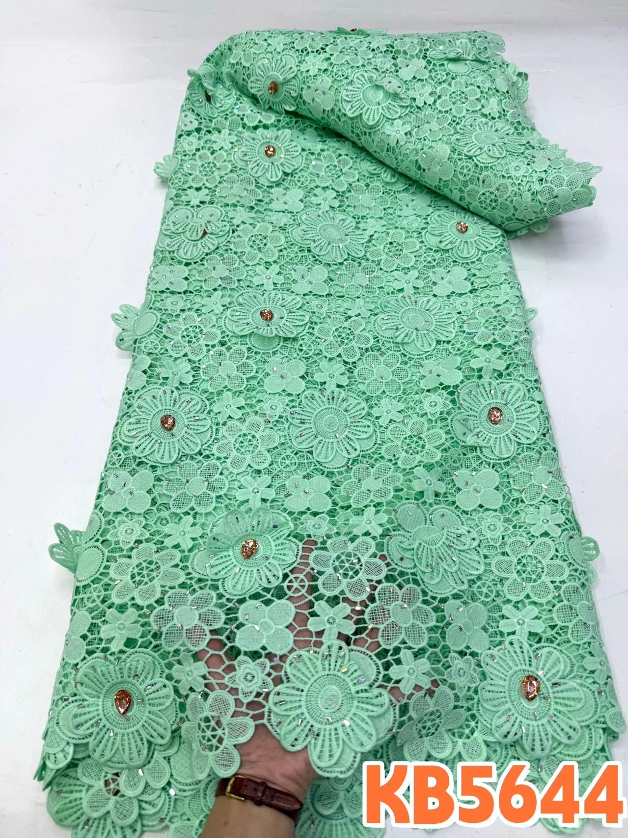 

YALISI African Plastic Rhinestone Guipure for Sewing Cord Lace Fabric Cotton Embroidery Prom Dresses Tulle Design 5 Yards KB5644