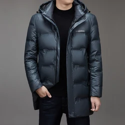 Casual 2024 Winter Men's Warm Mid-Length White Duck Down Jackets Outwear Windproof Hooded Puffer Coats Solid Thick Down Clothing