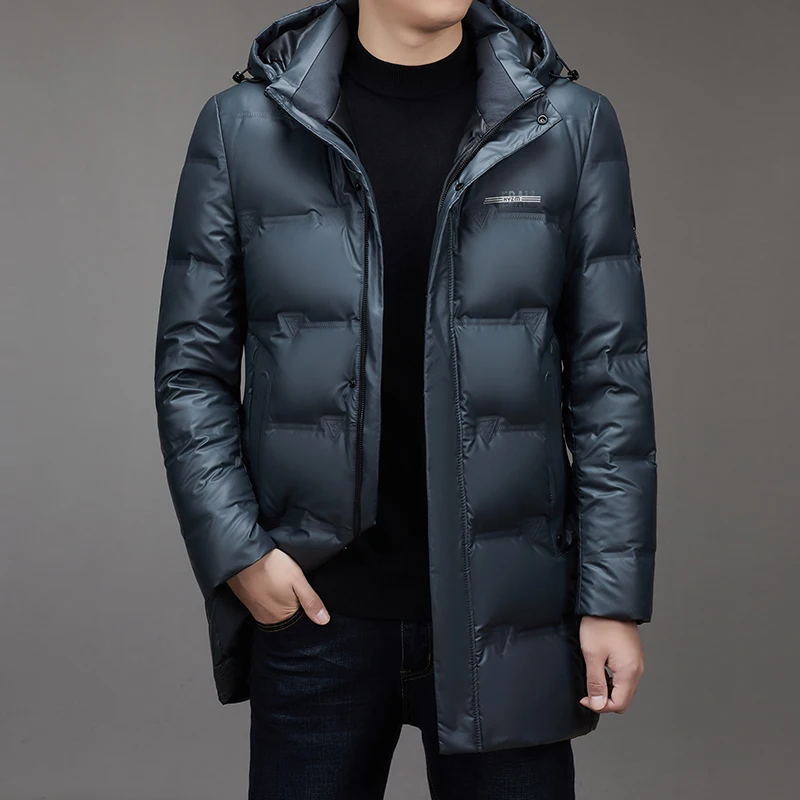 Casual 2024 Winter Men's Warm Mid-Length White Duck Down Jackets Outwear Windproof Hooded Puffer Coats Solid Thick Down Clothing