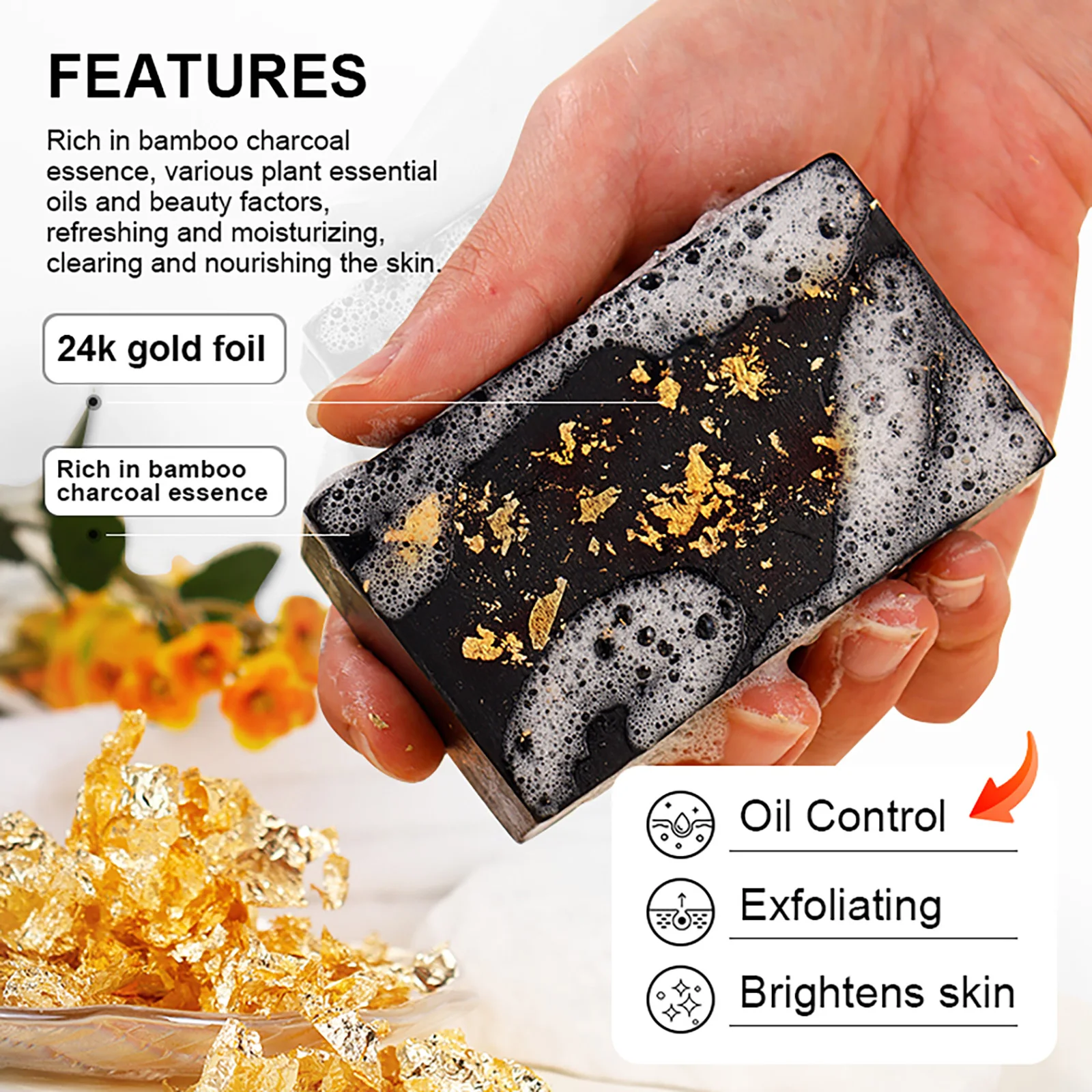 AILKE 24k Gold Foil Whitening Soap, Brightening, Even Skin Tone, Improve Skin Elasticity, Deep Cleaning, Remove Blemish, Spots