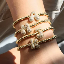 Classic Fashion A-Z Initial Bubble Bracelet Golden Plated Beads With Pave 26 Letter Charm Bead Stretch Bracelets Gifts